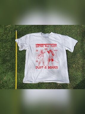 White Graphic Tee with Red Cowboy & Samurai Print